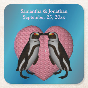 Kissing Penguins Cute Personalised Wedding  Square Paper Coaster