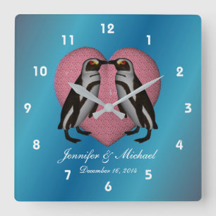 Kissing Penguins Pink Heart Personalised Wedding Square Wall Clock