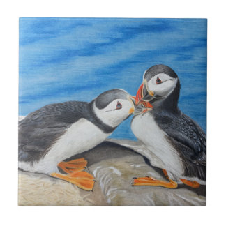 Kissing Puffins Ceramic Tile