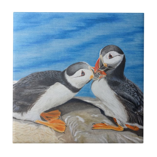 Kissing Puffins Ceramic Tile (Front)