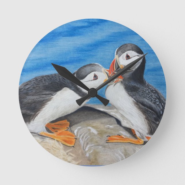 Kissing Puffins Round Clock (Front)