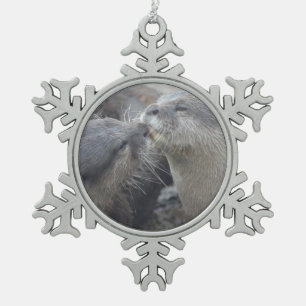 Kissing River Otters Snowflake Pewter Christmas Ornament