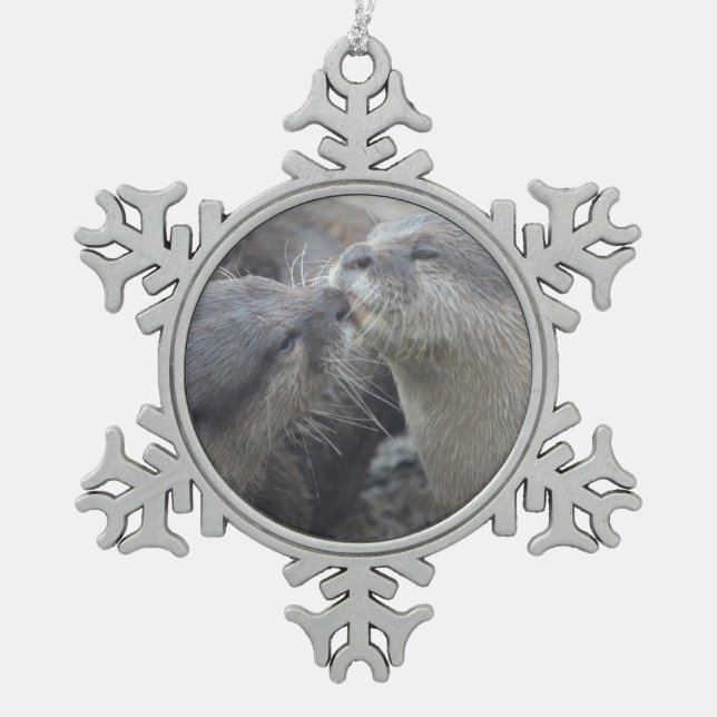 Kissing River Otters Snowflake Pewter Christmas Ornament (Front)