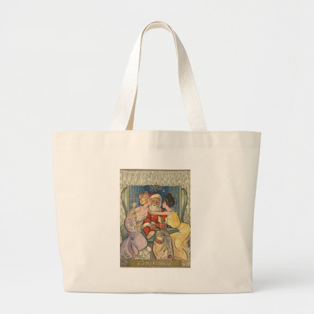 Kissing Santa Claus Vintage Christmas Card Large Tote Bag (Front)