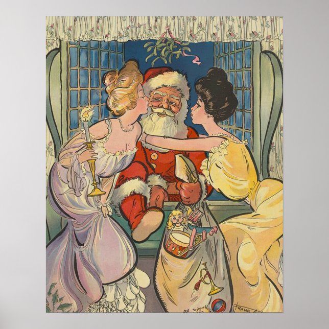 Kissing Santa Claus Vintage Christmas Card Poster (Front)