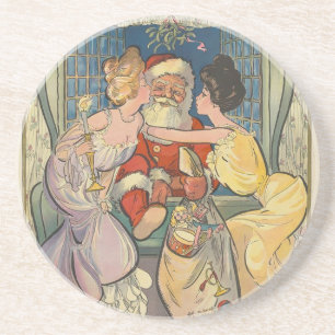 Kissing Santa Claus Vintage Christmas Coaster