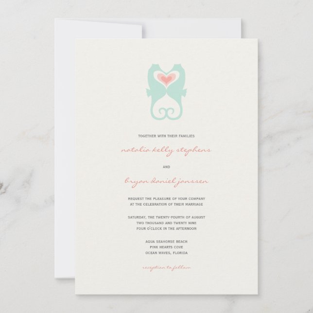 Kissing Seahorses Love Hearts Beach Summer Wedding Invitation (Front)