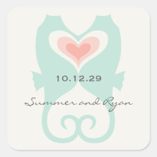 Kissing Seahorses Love Hearts Beach Summer Wedding Square Sticker