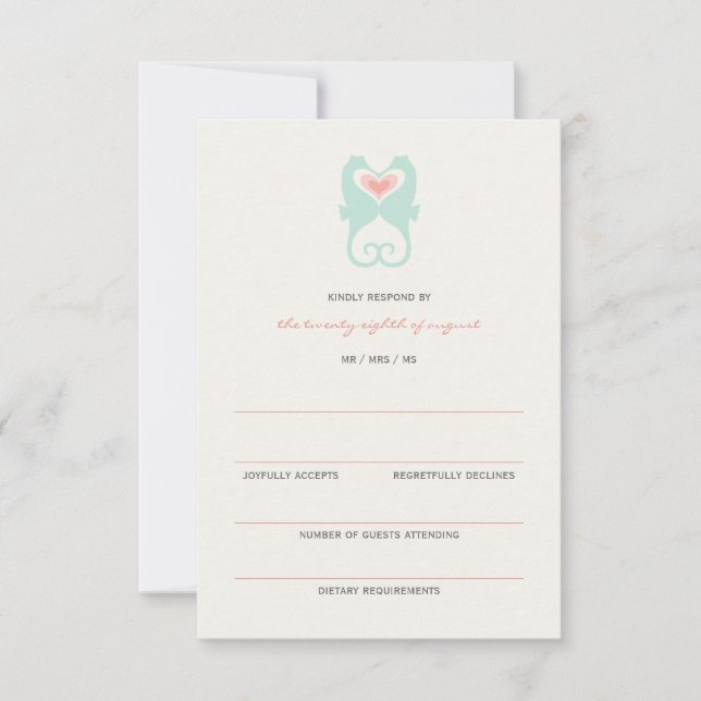 Kissing Seahorses Love Hearts Beach Wedding RSVP Card (Front)
