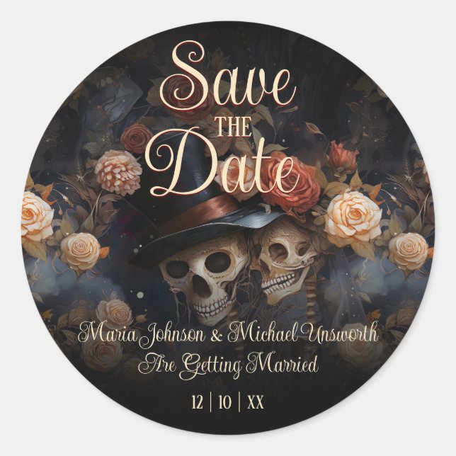 Kissing Skeletons Gothic Save The Date Card Classic Round Sticker (Front)