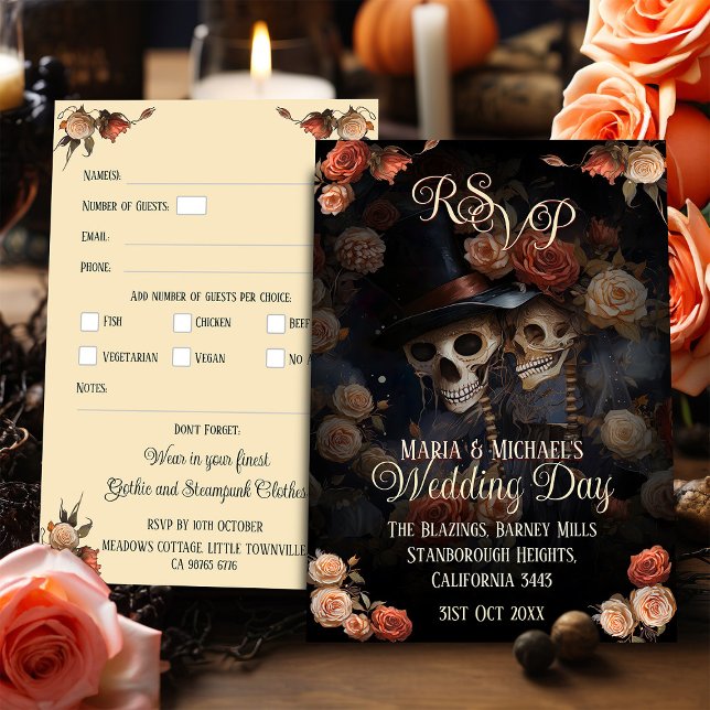 Kissing Skeletons RSVP Gothic Wedding Enclosure Card (Kissing Skeletons Gothic Wedding RSVP Enclosure card with additional text areas.)