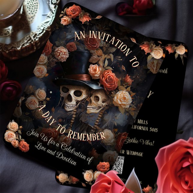 Kissing Skeletons RSVP Gothic Wedding Invitation (Creator Uploaded)