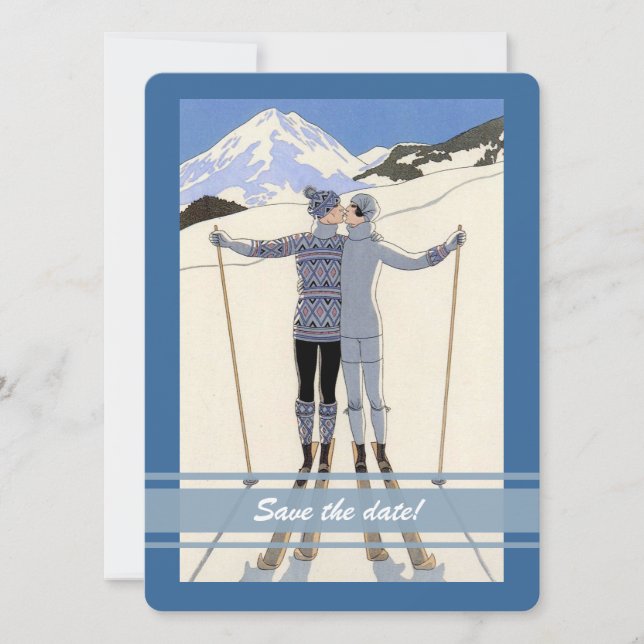 kissing skiers - winter save the date announcement (Front)