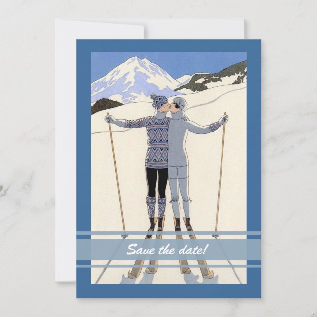 kissing skiers - winter save the date announcement (Front)