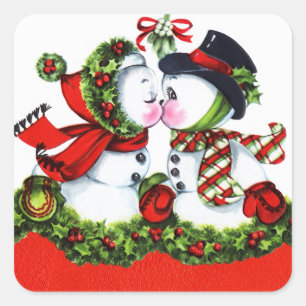 Kissing Snowman Couple Square Sticker