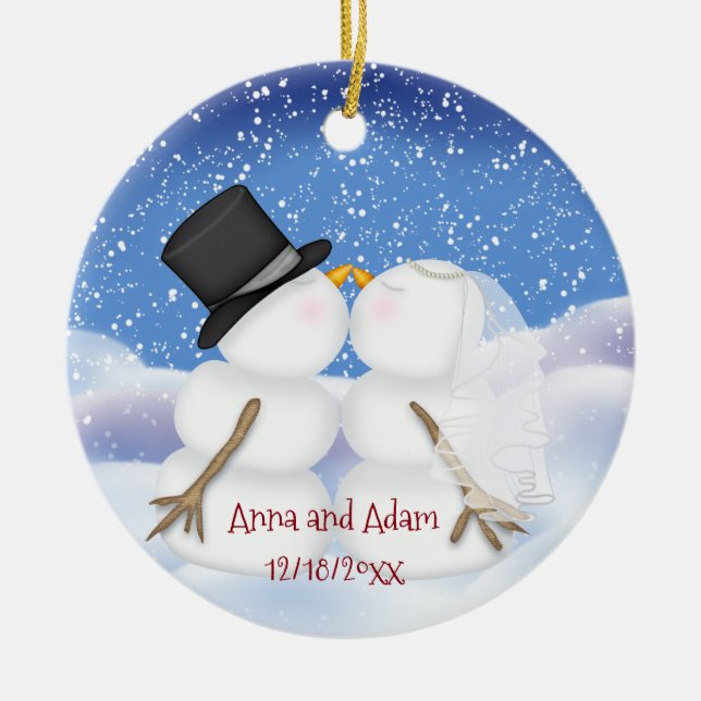 Kissing Snowmen Bride and Groom Ceramic Tree Decoration (Front)