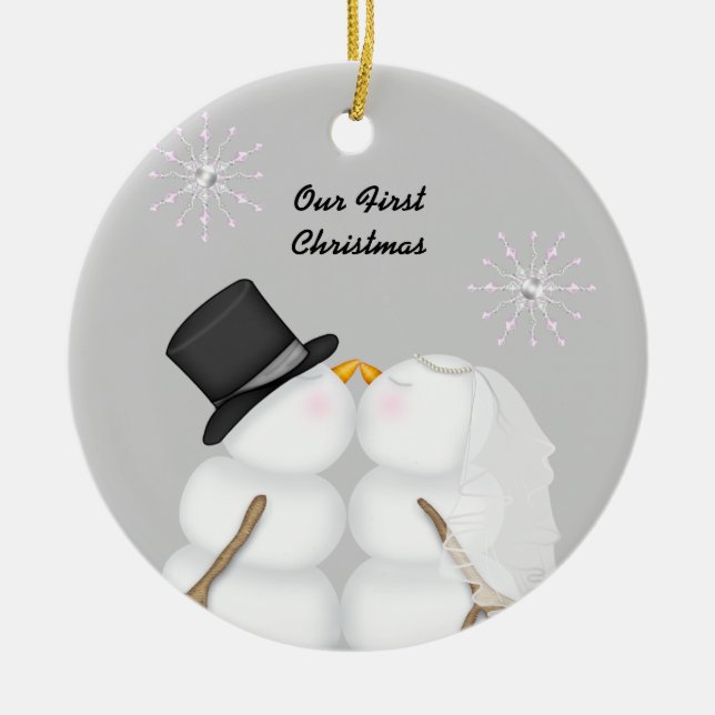 Kissing Snowmen Married Our First Christmas Ceramic Ornament (Front)