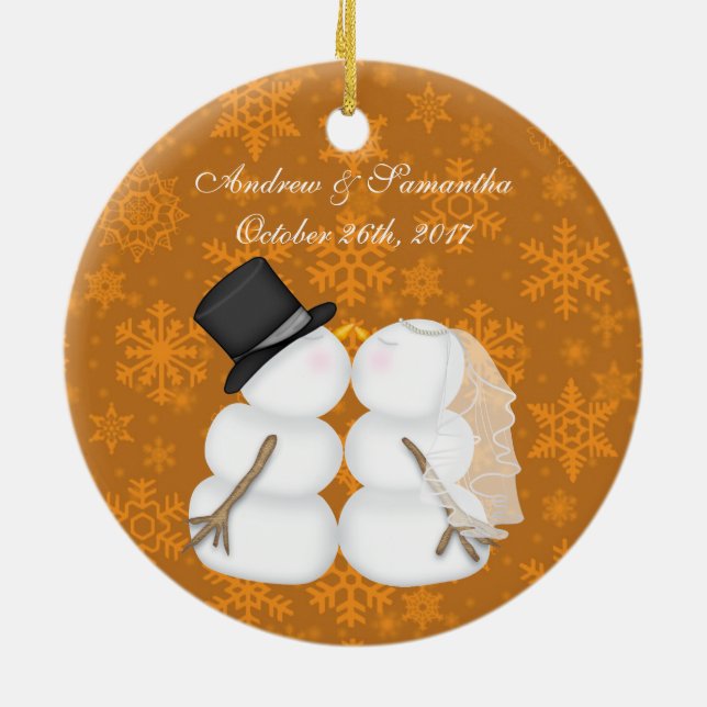 Kissing Snowmen Married Our First Christmas Ceramic Ornament (Back)