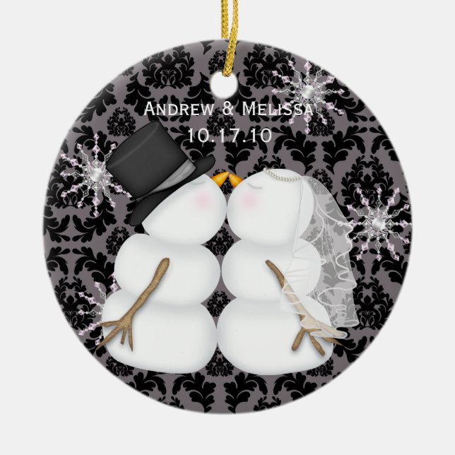 Kissing Snowmen Married Our First Christmas Ceramic Ornament (Front)