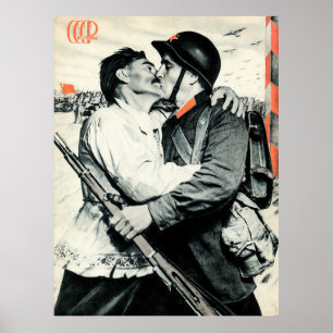 Kissing Soviet Soldier   Vintage USSR Propaganda P Poster