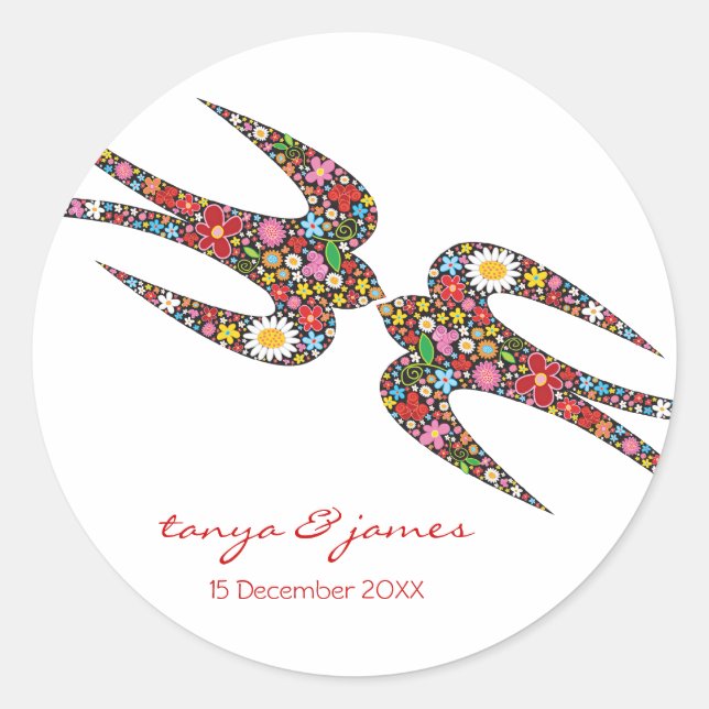 Kissing Swallows & Colourful Spring Flowers Weddin Classic Round Sticker (Front)