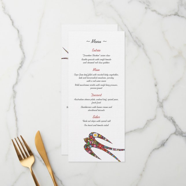 Kissing Swallows & Colourful Spring Flowers Weddin Menu (Front/Back In Situ)