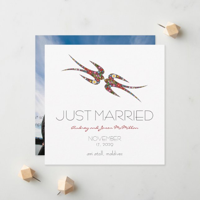 Kissing Swallows & Spring Flowers Photo Wedding Announcement (Front/Back In Situ)