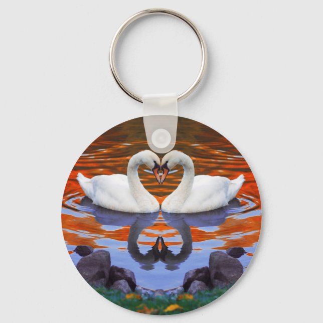 Kissing Swans in Love, Heart Shape Necks Key Ring (Front)