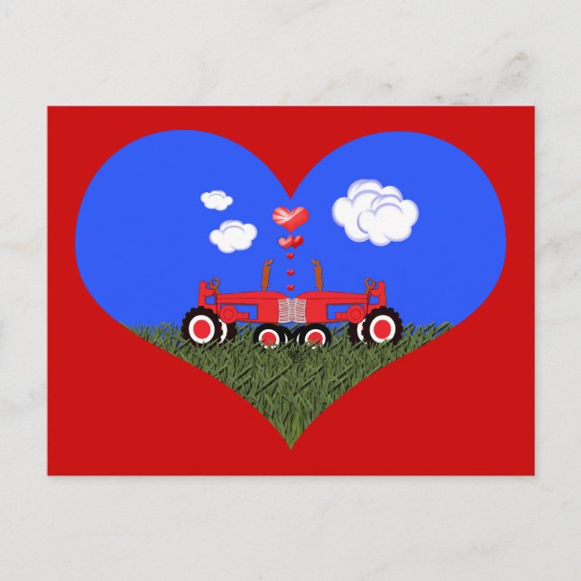 Kissing Tractors under Hearts Postcard (Front)
