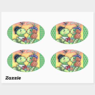 KISSING TURTLE SWEETHEARTS, CUTE TARPON VALENTINE OVAL STICKER