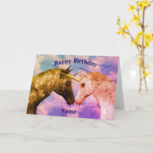 Kissing Unicorns Fantasy Personalised Birthday  Card (Yellow Flower)