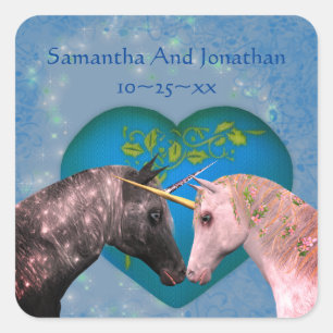 Kissing Unicorns Heart Personalised Wedding  Square Sticker