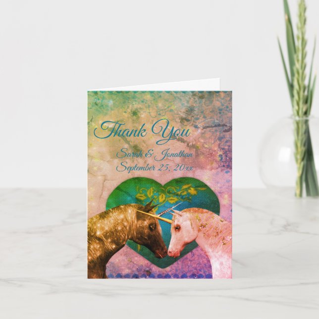 Kissing Unicorns Heart Wedding Personalised Thank You Card (Front)