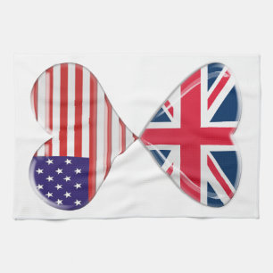 Kissing USA and UK Hearts Flags Art Tea Towel