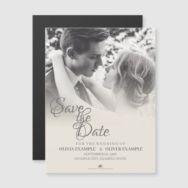 Kissing wedding couple in monochrome magnetic invitation (Front/Back)