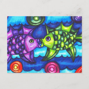 Kissy Fish whimsical colourful ocean animal art Postcard
