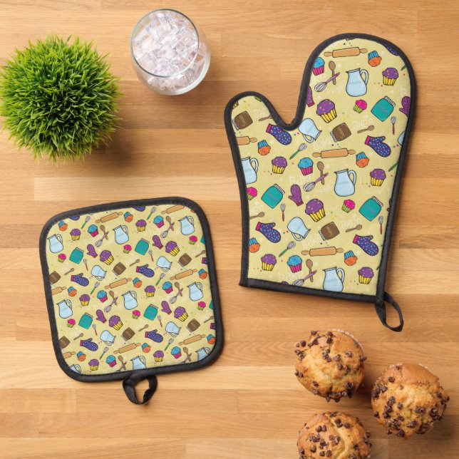 Kitchen Baking Utensils and Cupcakes Oven Mitt & Pot Holder Set (Top Down)