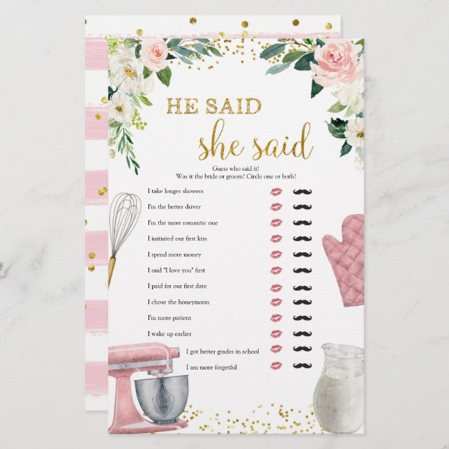 Kitchen Bridal Shower He Said SheSaid Game (Front/Back)
