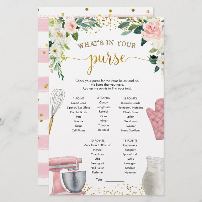 Kitchen Bridal Shower What's in Your Purse Games (Front/Back)