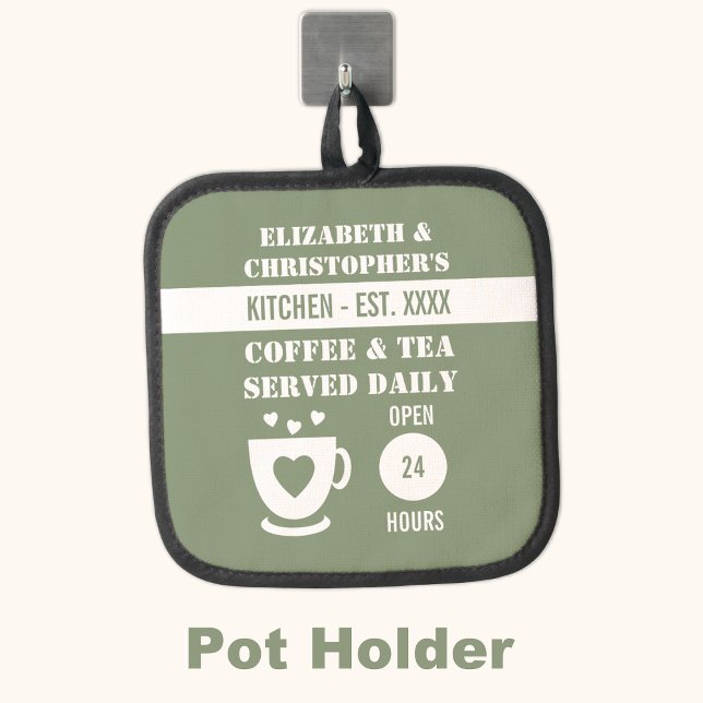 Kitchen coffee tea served names est year green pot holder (Creator Uploaded)