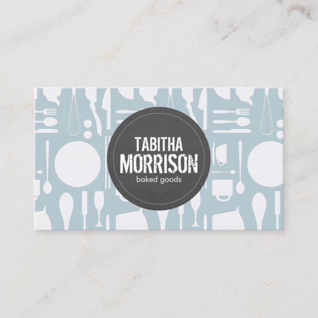 Kitchen Collage on Blue with Rustic Logo Business Card (Front)