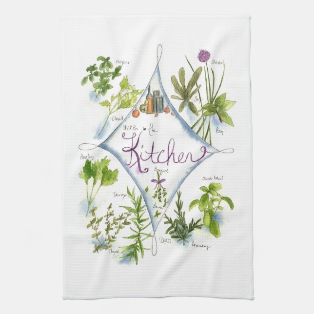 Kitchen Cooking Herbs Watercolor Illustration Art Tea Towel (Vertical)