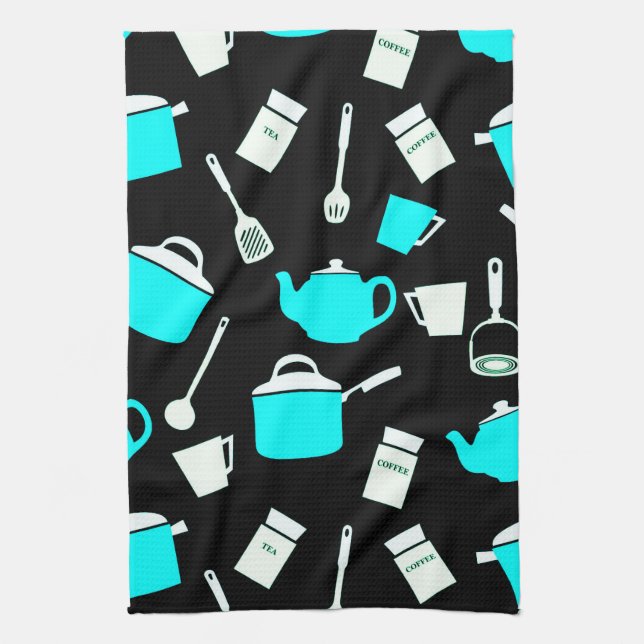 Kitchen Cookware | Black White & Turquoise Tea Towel (Vertical)