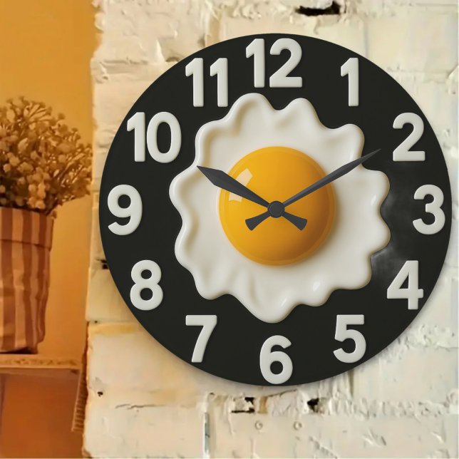 Kitchen decor modern black Fried egg  Large Clock (Creator Uploaded)