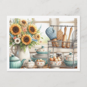 Kitchen Dishes Bakers Rack Blue Teapot  Postcard