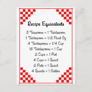 Kitchen Equivalents Red Checked Ruled Recipe Card