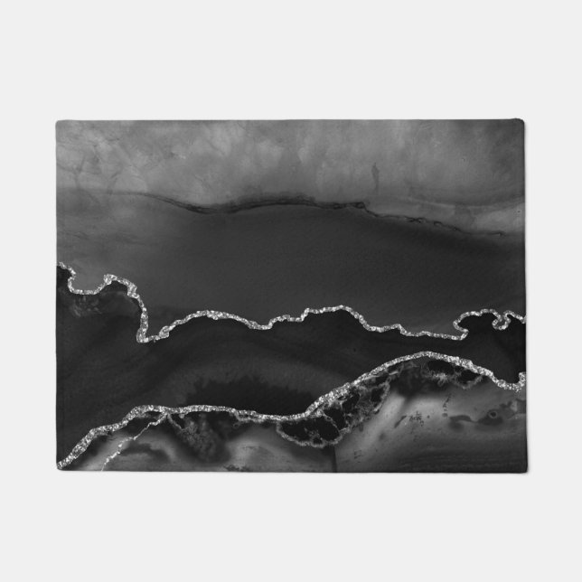 Kitchen Floor Mat - Black Silver Faux Glittter  (Front)