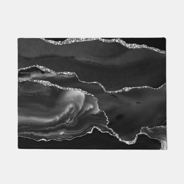 Kitchen Floor Mat - Black Silver Faux Glittter  (Front)