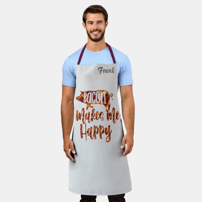 Kitchen Gift Aprons, Funny Bacon Make Me Happy Apron (Worn)