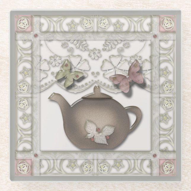 Kitchen glass tea pot beige colours coaster (Front)